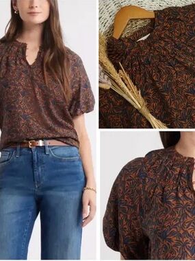 NWT: Nordstrom Short-Sleeve Printed Blouse in Rust and Navy